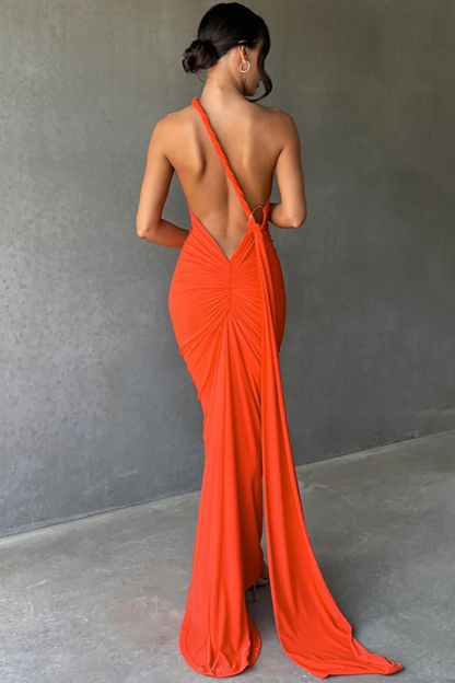 One Shoulder Sleeveless Sash Ring Decor Ruched Backless Elegant Evening Gown White Maxi Dresses-Hayhty.All Rights Reserved.