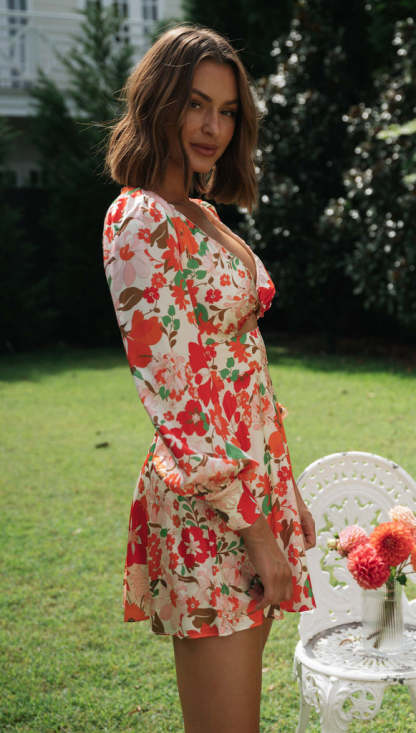 Floral Blossom Bubble Sleeves Cutout Mini Dress-Hayhty.All Rights Reserved.