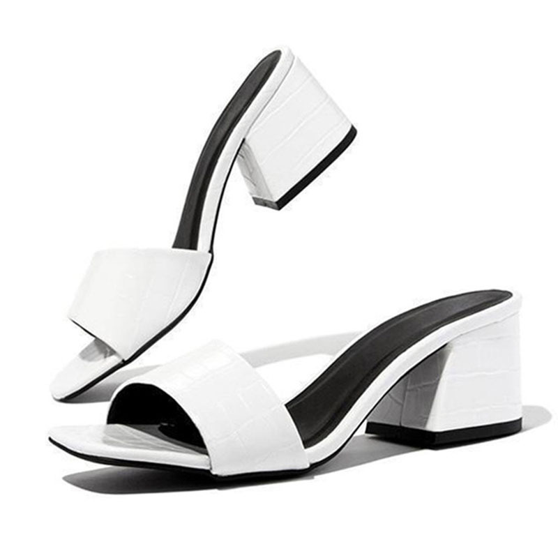 PU Leather Open Square Toe Slippers Chunky Heels - White-Hayhty.All Rights Reserved.
