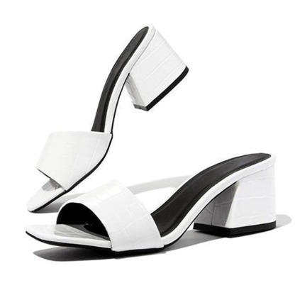 PU Leather Open Square Toe Slippers Chunky Heels - White-Hayhty.All Rights Reserved.