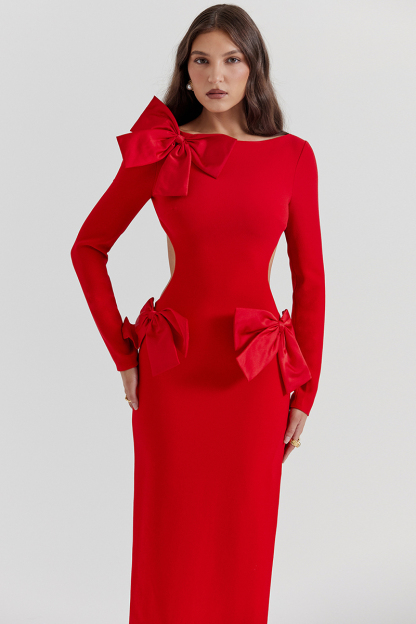 Bow Decor Long Sleeve Backless Slim Fit Side Slit Gowns Maxi Dresses-Red-Hayhty.All Rights Reserved.