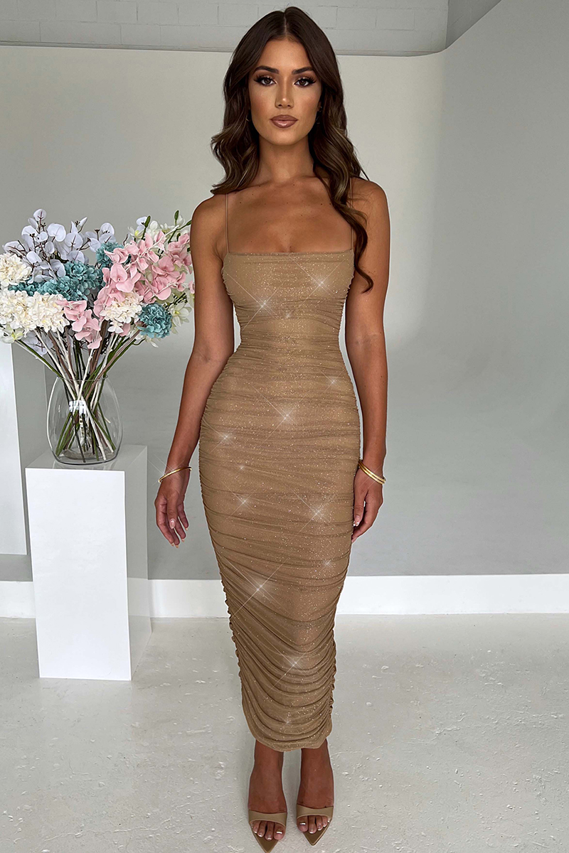 Ruched Bronzing Back Slit Formal Party Slip Maxi Dresses-Hayhty.All Rights Reserved.