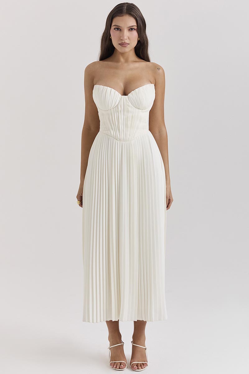 Strapless Corset Pleated Elegant Party Gown Midi Dresses-White-Hayhty.All Rights Reserved.