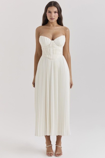 Strapless Corset Pleated Elegant Party Gown Midi Dresses-White-Hayhty.All Rights Reserved.
