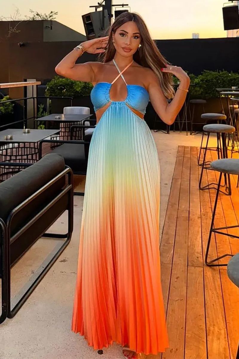 Gradient Color Cross Halter Cutout Backless Pleated Maxi Dresses-Blue-Hayhty.All Rights Reserved.