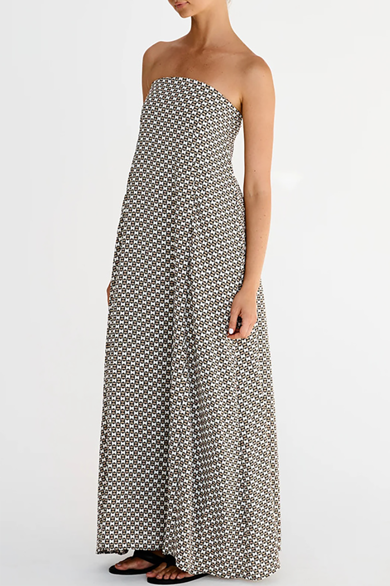 Geometric Pattern Boat Neck Loose Fit A-Line Strapless Maxi Dresses-Black-Hayhty.All Rights Reserved.