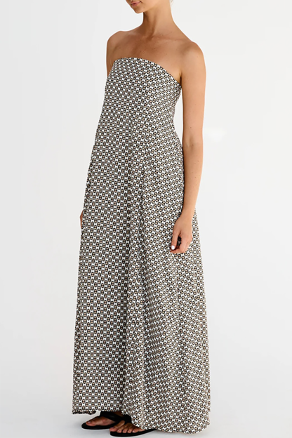 Geometric Pattern Boat Neck Loose Fit A-Line Strapless Maxi Dresses-Black-Hayhty.All Rights Reserved.