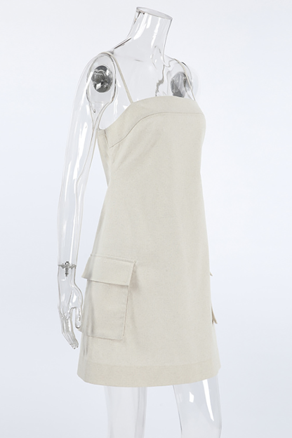 Boat Neckline Pocket Solid Color Casual Slip Mini Dresses-Khaki-Hayhty.All Rights Reserved.