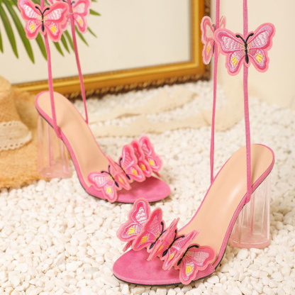 3D Embroidery Butterfly Lace Up Peep Toe Crystal Chunky Heels-Hayhty.All Rights Reserved.