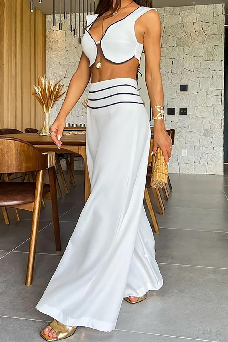 Contrast Binding Deep V Neck Crop Vest Wide Leg Pants Matching Set-White-Hayhty.All Rights Reserved.