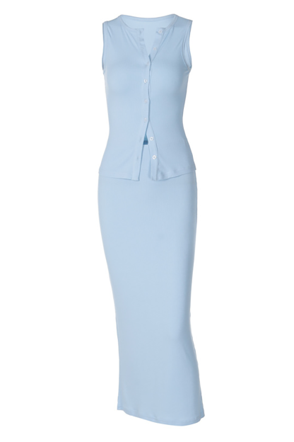 Knit Button Up Tank Top Slim Fit Plain Maxi Skirt Matching Set-Blue-Hayhty.All Rights Reserved.