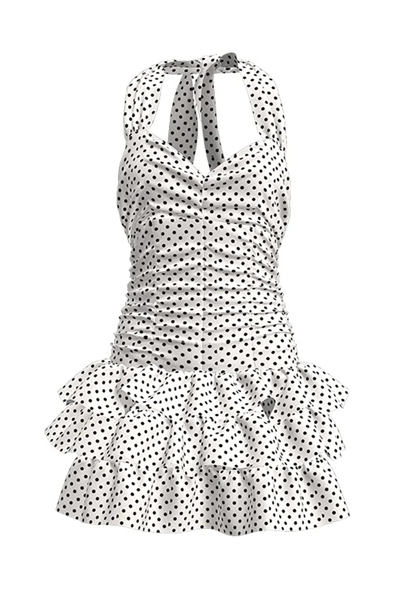 Polka Dot Print Cinch Waist Layered Ruffled Swimwear Halter Mini Dresses-White-Hayhty.All Rights Reserved.