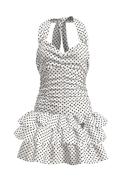 Polka Dot Print Cinch Waist Layered Ruffled Swimwear Halter Mini Dresses-White-Hayhty.All Rights Reserved.