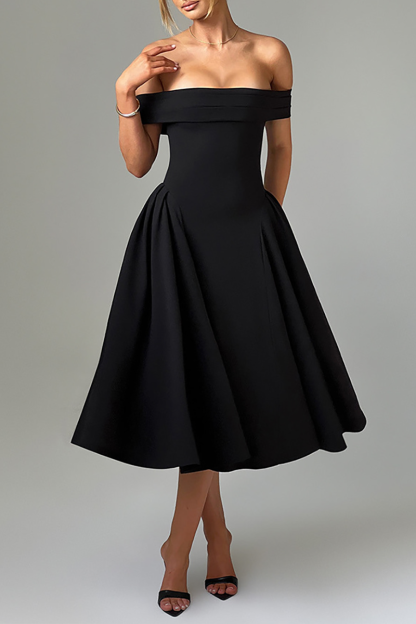 Boat Neck Draped Shoulder Cinch Waist Plain Gowns Midi Dresses-Black-Hayhty.All Rights Reserved.