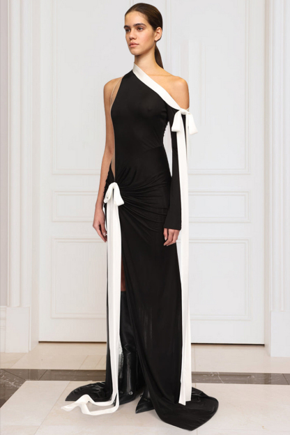One Shoulder Long Sleeve Bow Slit Knit Slip Maxi Dresses-Black-Hayhty.All Rights Reserved.