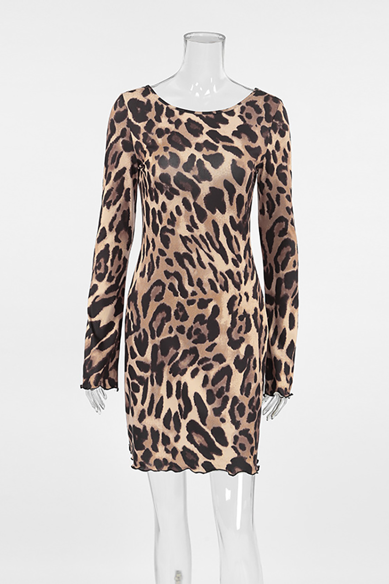 Leopard Print Long Sleeve Backless Slim Fit Mini Dresses-Brown-Hayhty.All Rights Reserved.