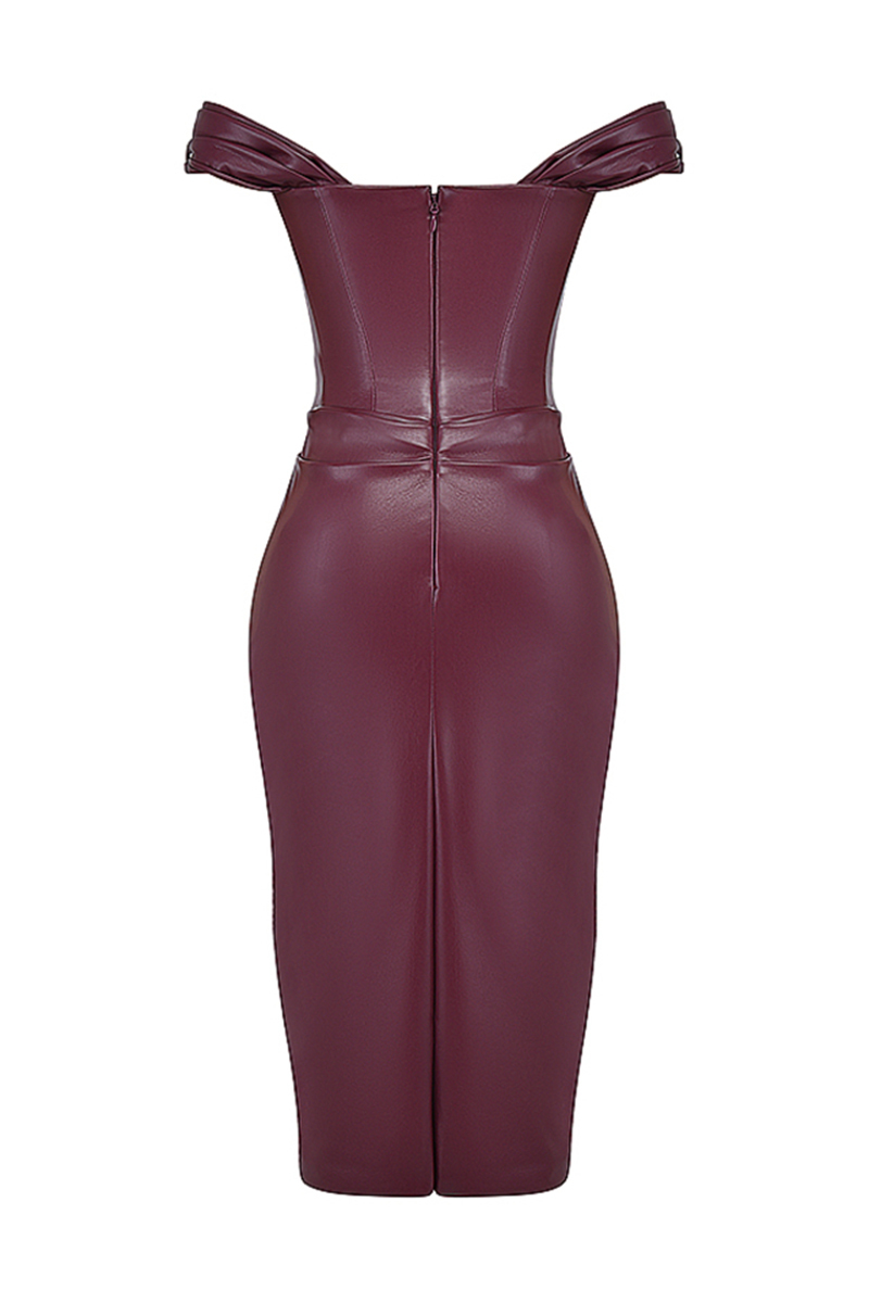 Faux Leather Pleated Neckline Corset Bodycon Cocktail Party Midi Dresses-Burgundy-Hayhty.All Rights Reserved.