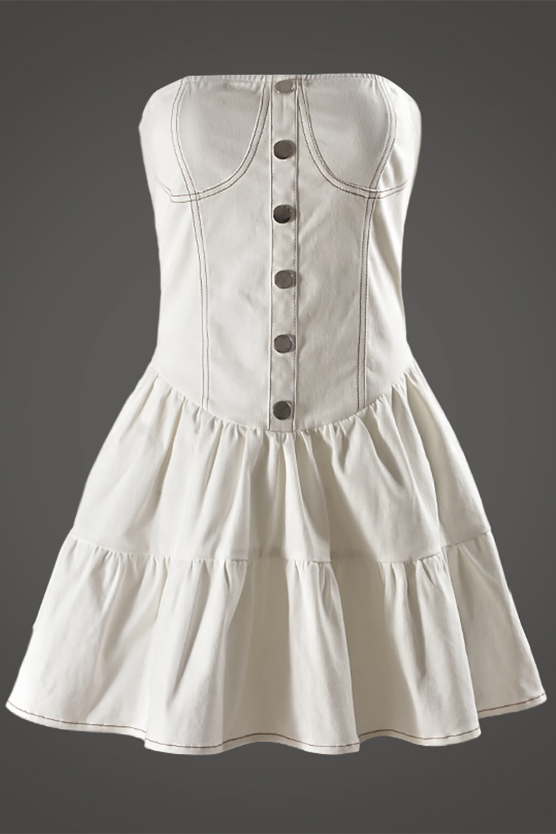 Strapless Cinch Waist Button Up A-Line Mini Dresses-White-Hayhty.All Rights Reserved.