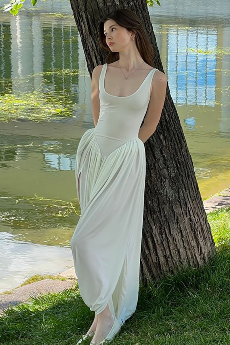 U Neck Cinch Waist High Slit Ruched Maxi Tank Dresses-White-Hayhty.All Rights Reserved.