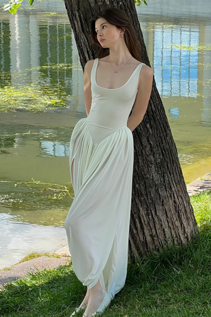 U Neck Cinch Waist High Slit Ruched Maxi Tank Dresses-White-Hayhty.All Rights Reserved.