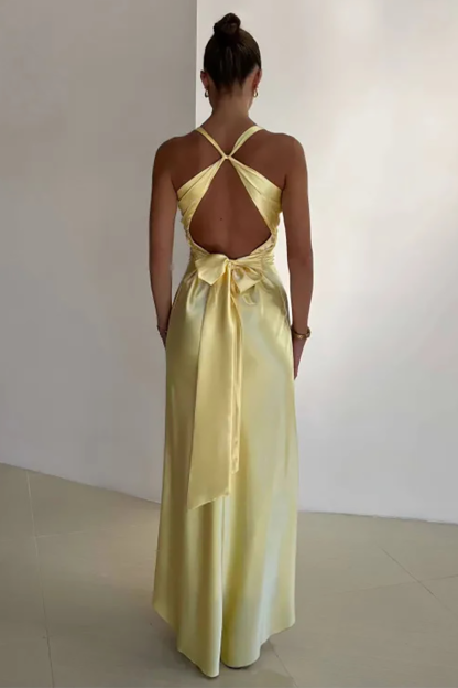 Deep V Neck Ruched Open Back Bow Decor Sleeveless Maxi Dresses-Yellow-Hayhty.All Rights Reserved.
