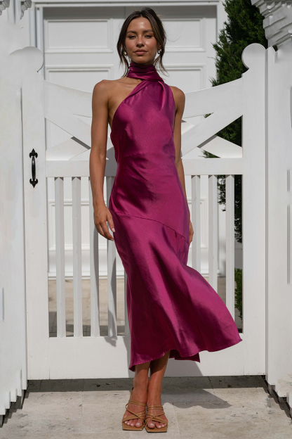 High Halter Open Back Slit Midi Dresses-Hayhty.All Rights Reserved.