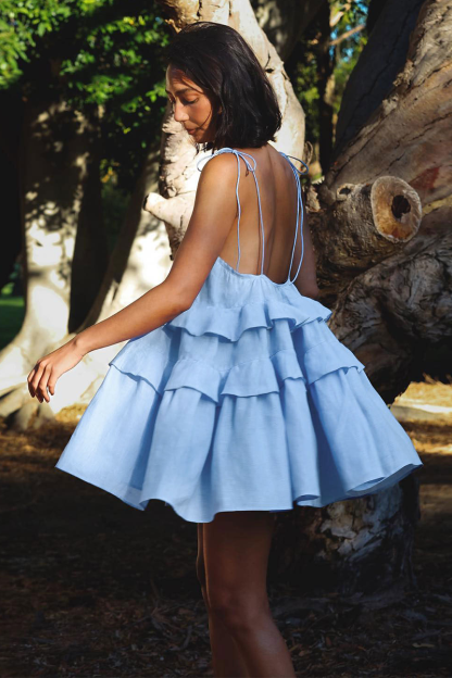 Tie Up Shoulder Strapless Backless Layered Ruffled A-Line Mini Dresses-White-Hayhty.All Rights Reserved.