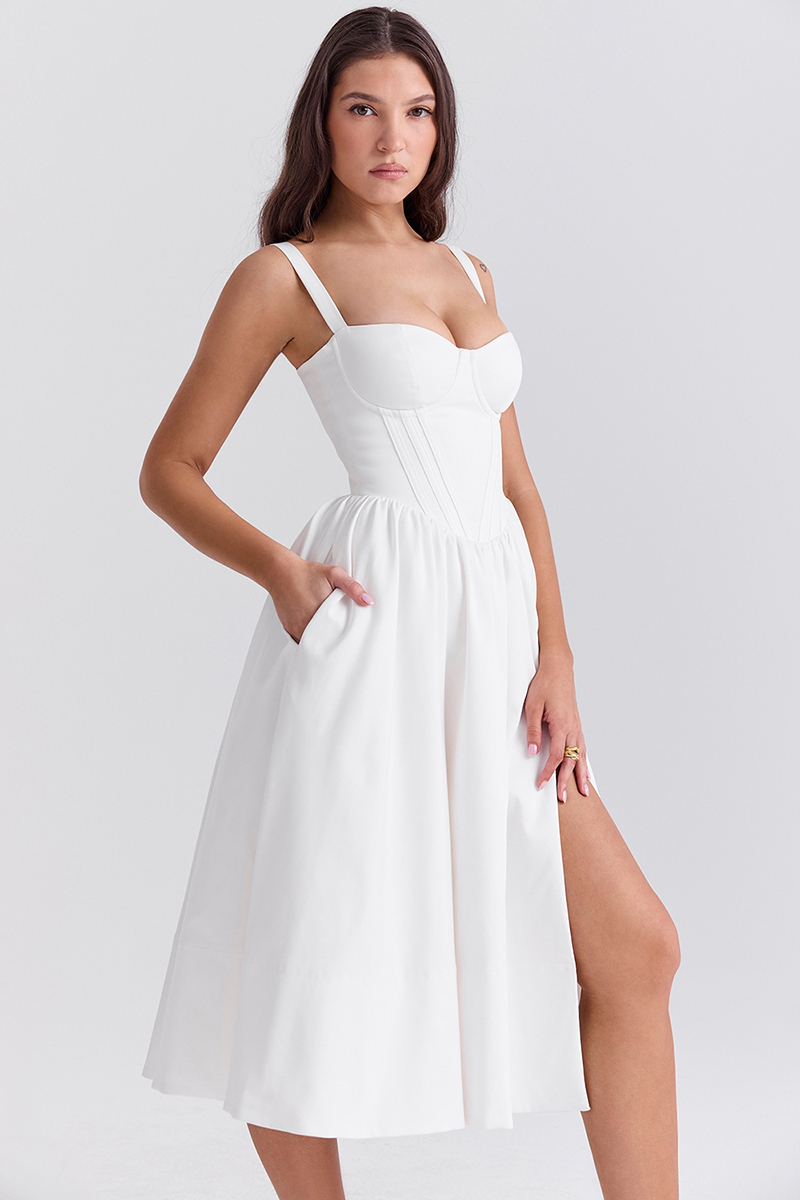 Spaghetti Strap Corset Lace Up Pocket Slit Midi Dresses-White-Hayhty.All Rights Reserved.