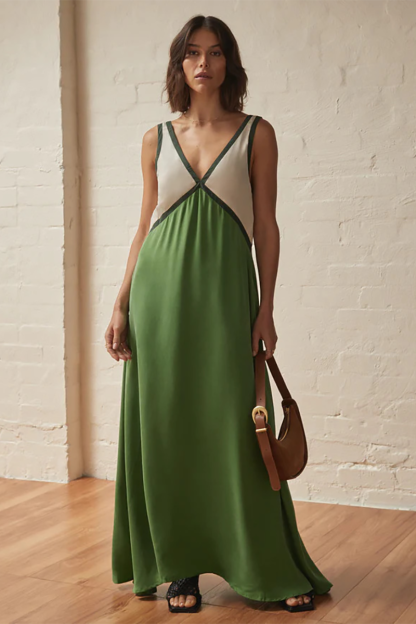 Deep V Neck Colorblock Loose Fit Maxi Tank Dresses-Green-Hayhty.All Rights Reserved.