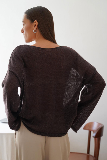 See Through Knit Flare Sleeve Loose Fit Solid Color Top-White-Hayhty.All Rights Reserved.