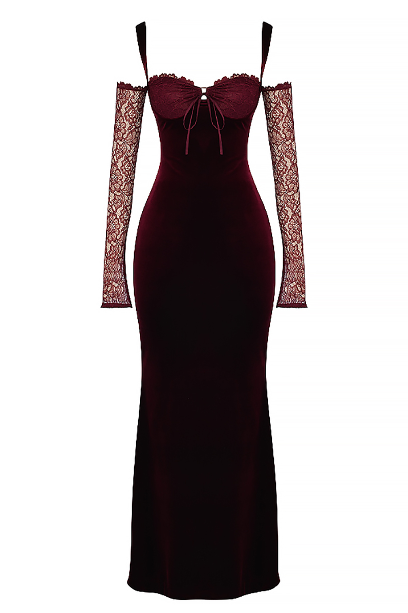 Cold Shoulder Lace Sleeve Bodycon Velvet Formal Party Maxi Dresses-Hayhty.All Rights Reserved.