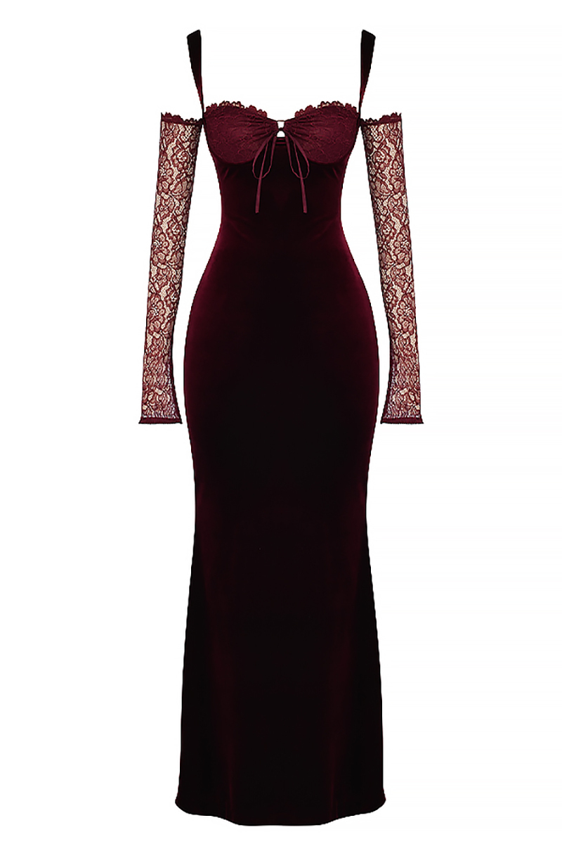 Cold Shoulder Lace Sleeve Bodycon Velvet Formal Party Maxi Dresses-Hayhty.All Rights Reserved.