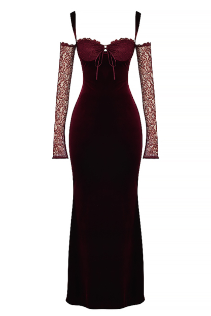 Cold Shoulder Lace Sleeve Bodycon Velvet Formal Party Maxi Dresses-Hayhty.All Rights Reserved.