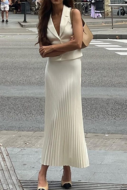 Deep V Neck Waistcoat Pleated Midi Skirt Matching Set-Burgundy-Hayhty.All Rights Reserved.