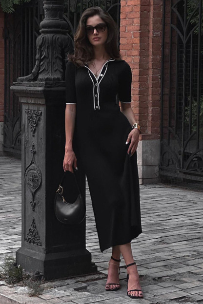 Short Sleeve Half Button-Up Slim-Fit Colorblock Trim Knit Maxi Dresses-White-Hayhty.All Rights Reserved.