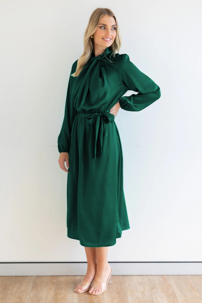 Ruched Knotted Long Sleeve Satin Midi Dresses-Hayhty.All Rights Reserved.