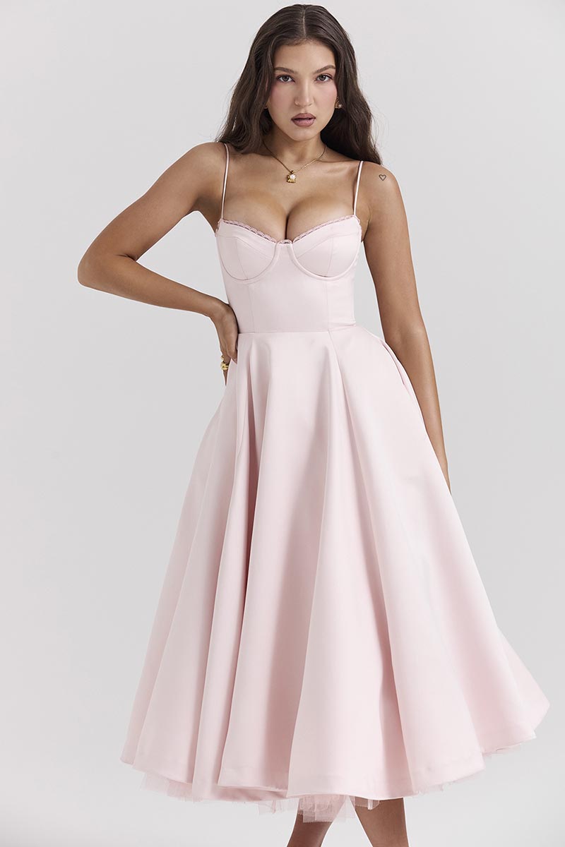 Elegant Cinch Waist Party Bridesmaid Tulle Layered Midi Slip Dresses-Pink-Hayhty.All Rights Reserved.