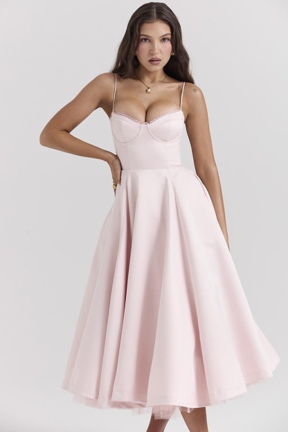 Elegant Cinch Waist Party Bridesmaid Tulle Layered Midi Slip Dresses-Pink-Hayhty.All Rights Reserved.