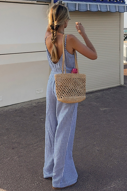 V Neck Striped Print V-Shaped Backless Wide Leg Cami Jumpsuit-Blue-Hayhty.All Rights Reserved.