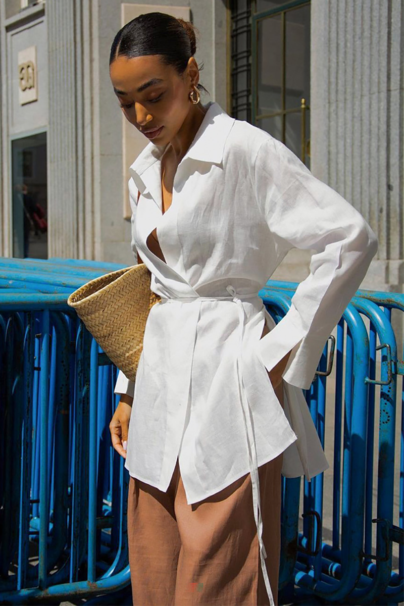 Turndown Collar Long Sleeve Tie Up Solid Color Side Slit Blouse-White-Hayhty.All Rights Reserved.