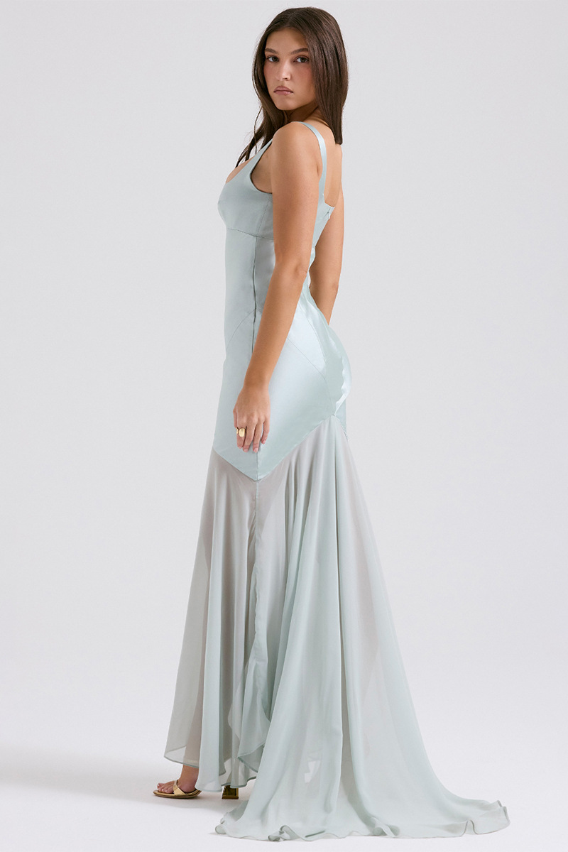 Square Neck Satin Patchwork Bodycon Fishtail Hem Gowns Slip Maxi Dresses-Blue-Hayhty.All Rights Reserved.