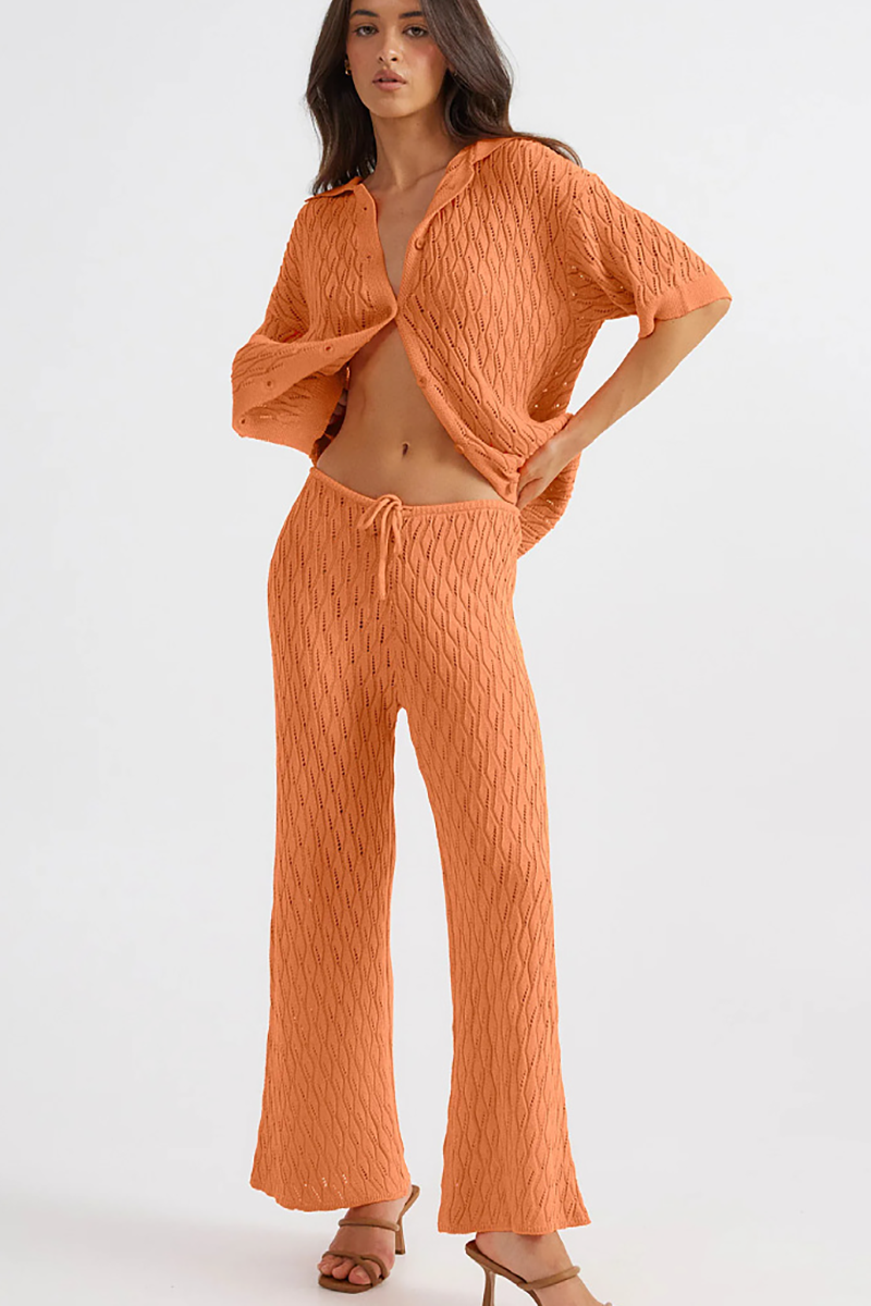 Hollow Out Knit Half Sleeve Blouse Wide Leg Pants Matching Set-Orange-Hayhty.All Rights Reserved.