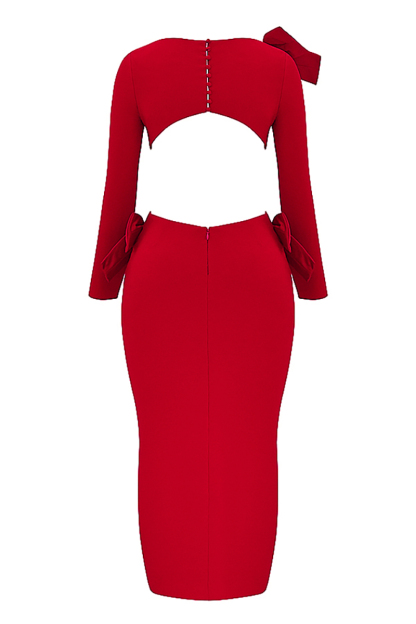 Bow Decor Long Sleeve Backless Slim Fit Side Slit Gowns Maxi Dresses-Red-Hayhty.All Rights Reserved.