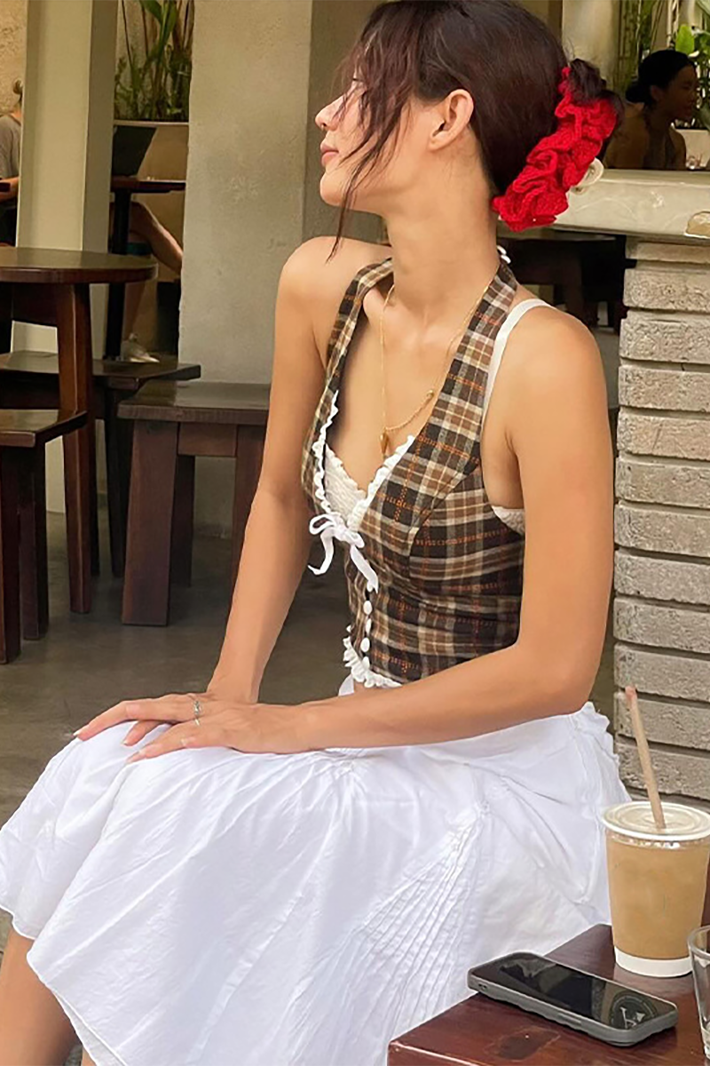 Plaid Pattern Lace Patchwork Deep V Neck Halter Crop Waistcoat-Brown-Hayhty.All Rights Reserved.