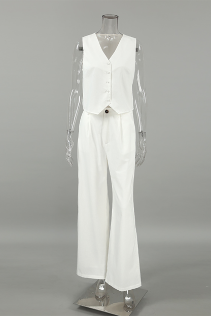 V Neck Button Up Crop Vest Plain Wide Leg Pants Matching Set-White-Hayhty.All Rights Reserved.
