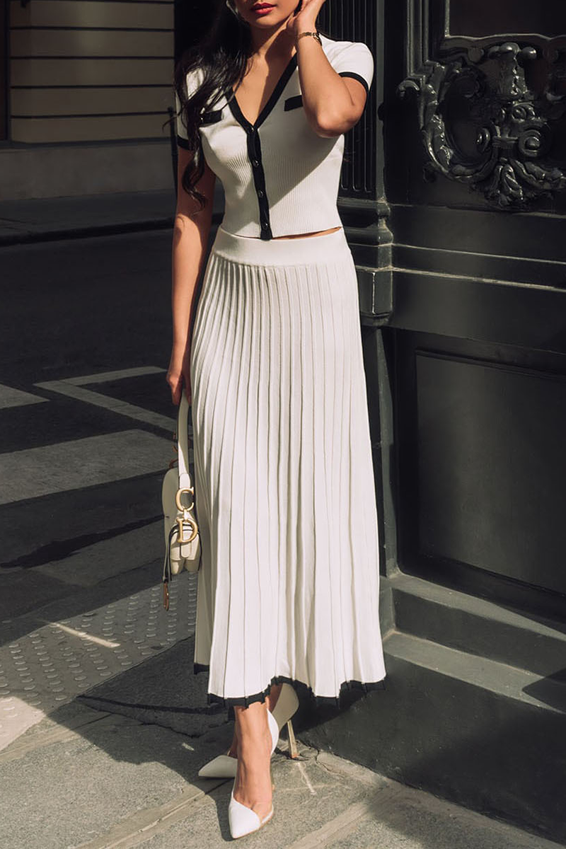 Colorblock Knit Short Sleeve Crop Top Pleated Maxi Skirt Matching Set-White-Hayhty.All Rights Reserved.