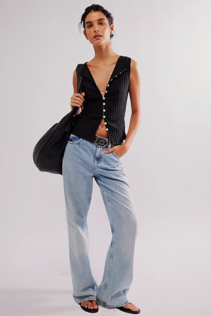 Pleated Solid Color Knit Button Up Tank Top-Yellow-Hayhty.All Rights Reserved.