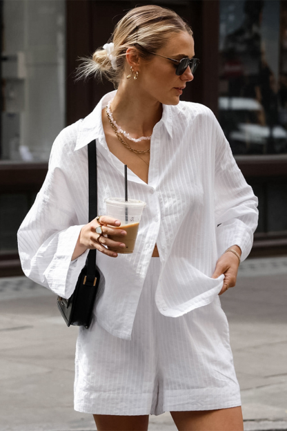 Striped Print Long Sleeve Loose Fit Blouse Casual Shorts Matching Set-White-Hayhty.All Rights Reserved.