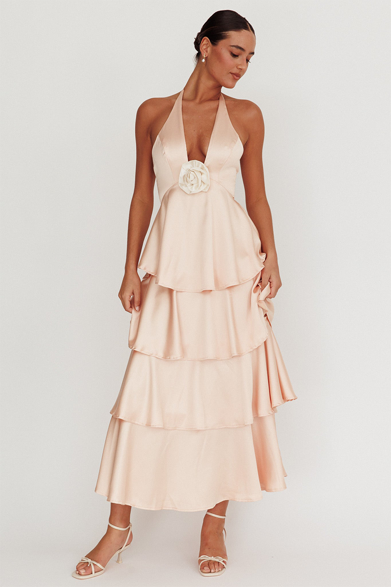 Tiered Ruffled Hem 3D Flower Decor Halter Midi Dresses-Champagne-Hayhty.All Rights Reserved.