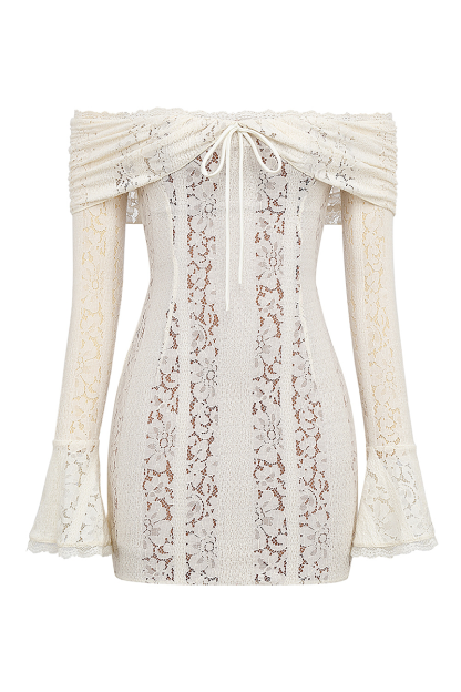 Off Shoulder Flare Sleeve Floral Lace Bodycon Mini Dresses-White-Hayhty.All Rights Reserved.